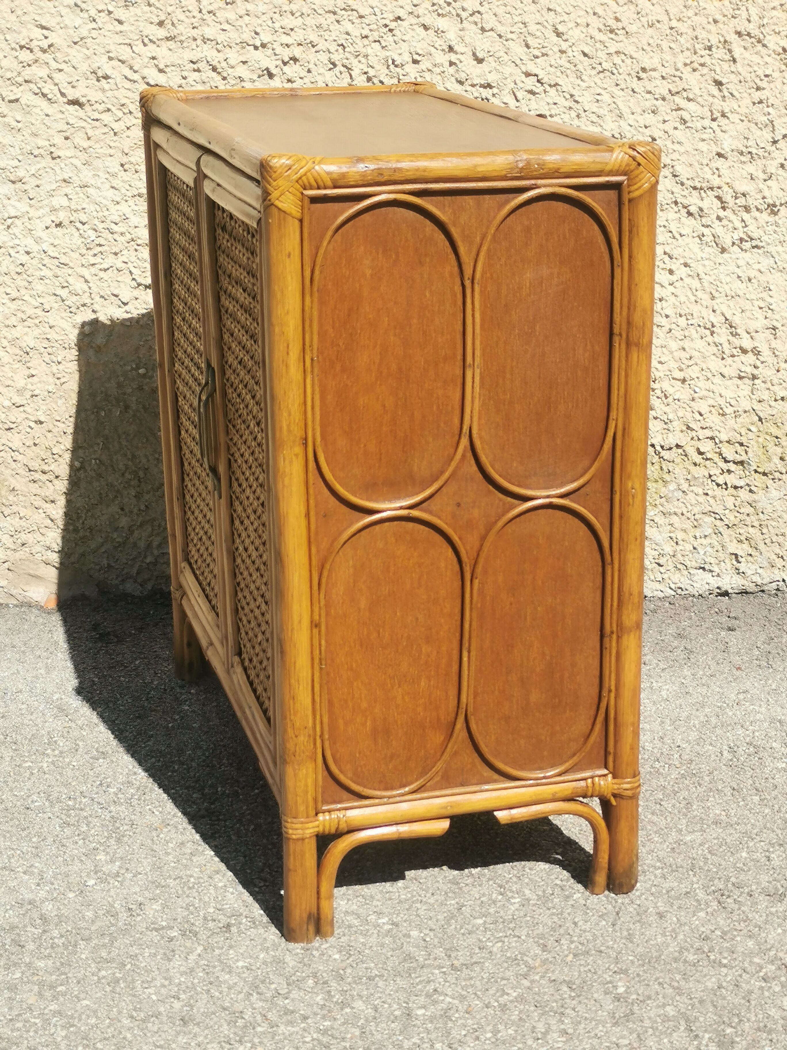 Vintage wood and rattan chest of drawers