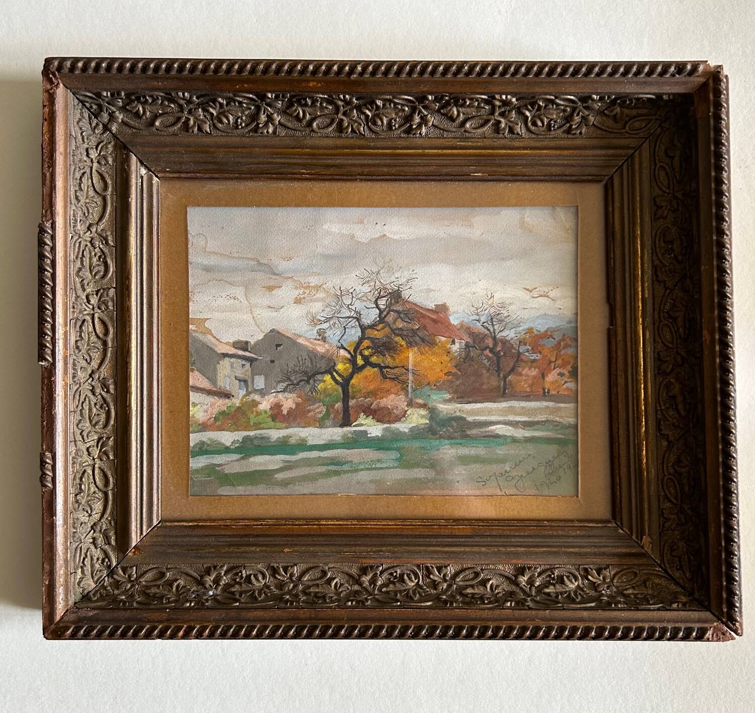 Oeuvre originale, Paysage d'automne, Gouache de Suzanne Gueguen, 1940