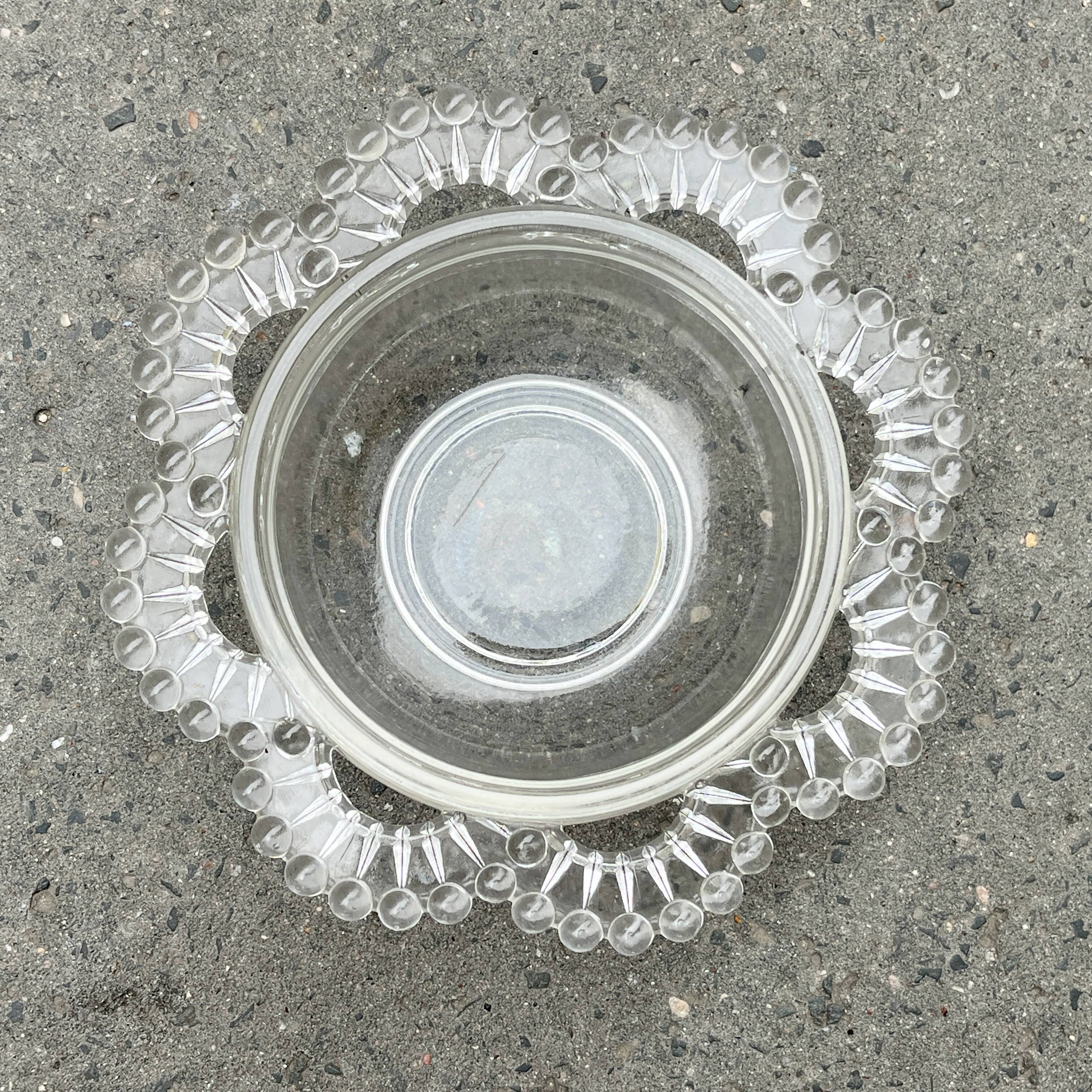 Glass salad bowl with beaded rim, 1900, Art Deco glass salad bowl in the shape of a flower