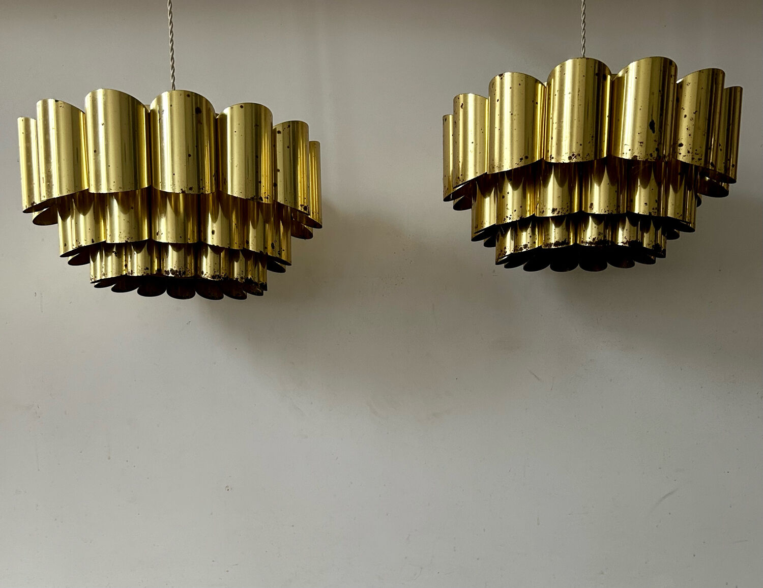 Pair of pendant lamps vintage Thorsten Orrling,solid brass, Suede 1960