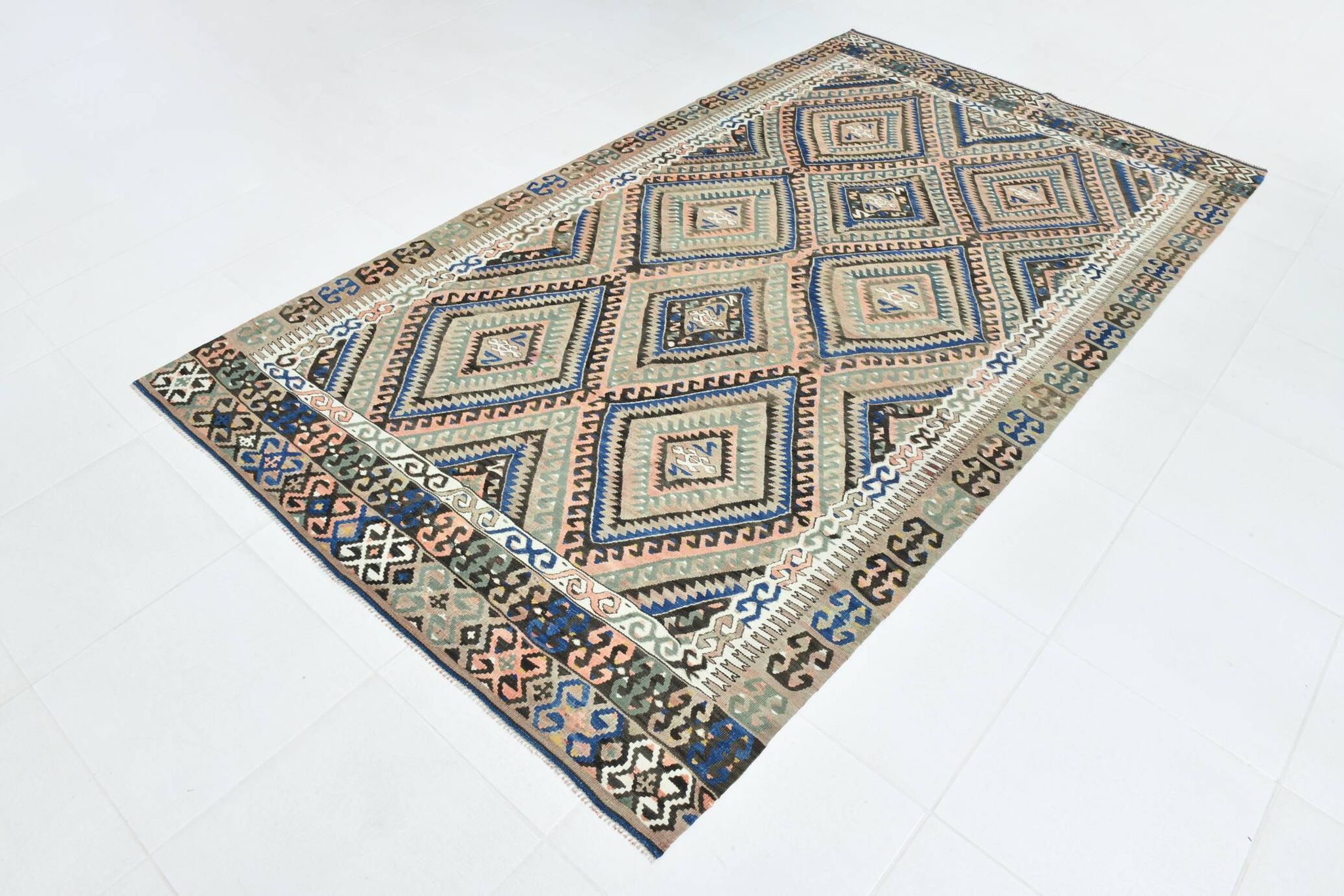 5x9 Kilim Anatolian Carpet, Handwoven Wool Rug, Blue Details Rug, 154x275Cm