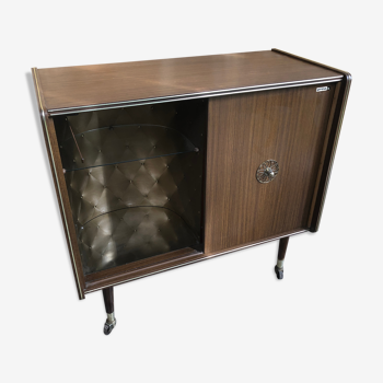 Meuble hifi prinz bois avec porte intérieur capitonné & verre audio vintage