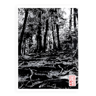 Linogravure japonaise d'une forêt de Kurama aux mille racines: 100% fait main, signée, certifiée