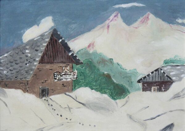 Tableau naïf, paysage de montagne sous la neige.