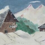 Tableau naïf, paysage de montagne sous la neige.
