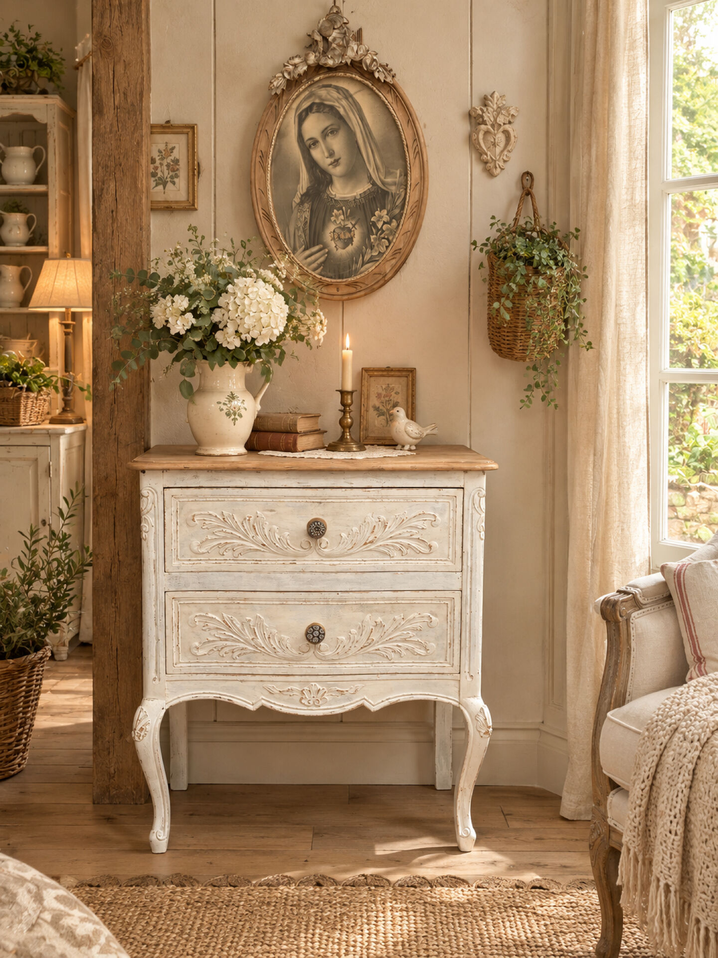 Adorable small chest of drawers or weathered white console.