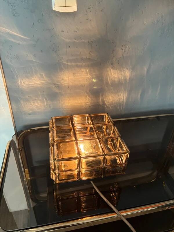 Vintage boom flush ceiling lamp by glashütte limburg smoked glass brass