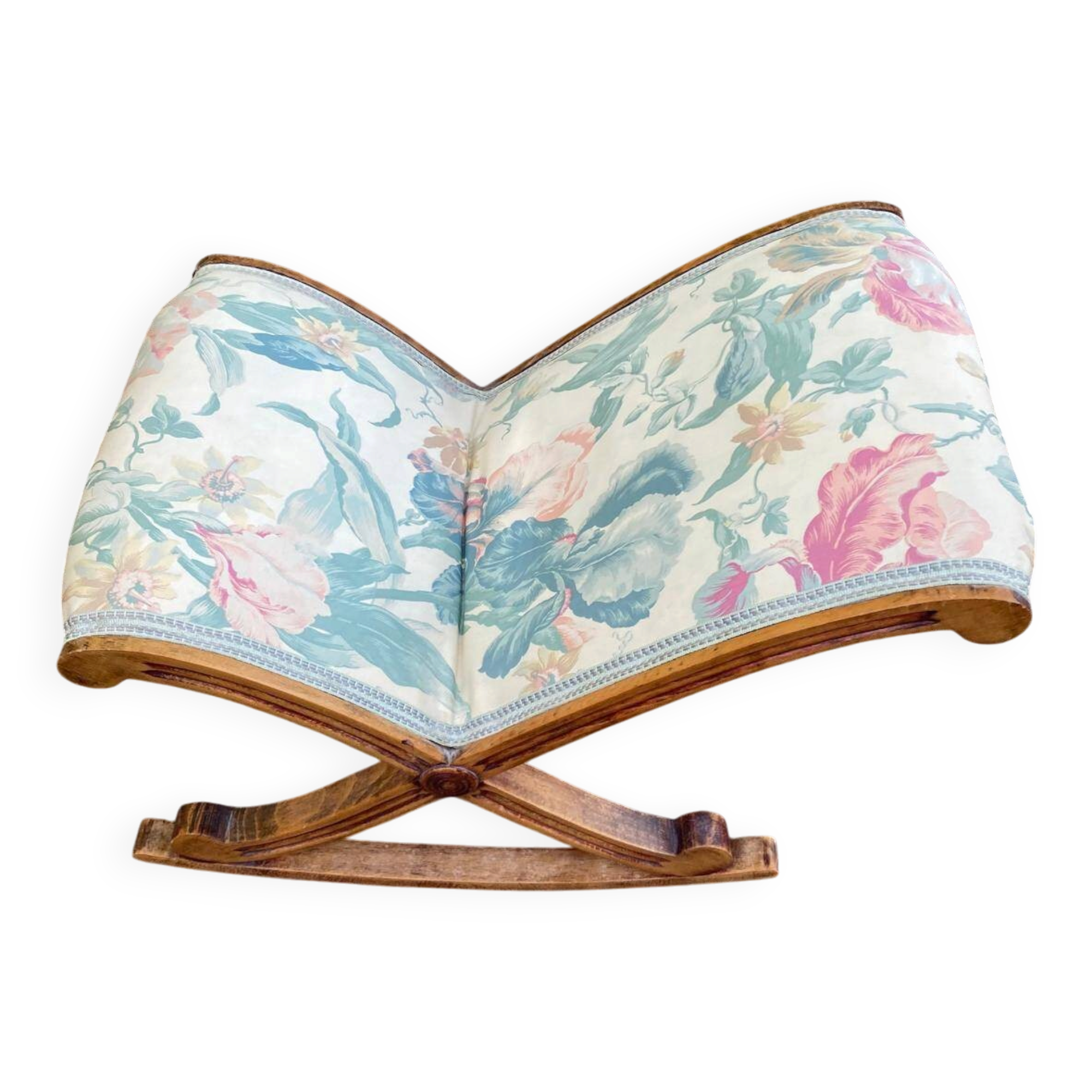 Kneeling prayer desk with rocking footrest in solid wood, curule style & floral fabric.