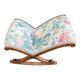 Kneeling prayer desk with rocking footrest in solid wood, curule style & floral fabric.