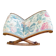 Kneeling prayer desk with rocking footrest in solid wood, curule style & floral fabric.