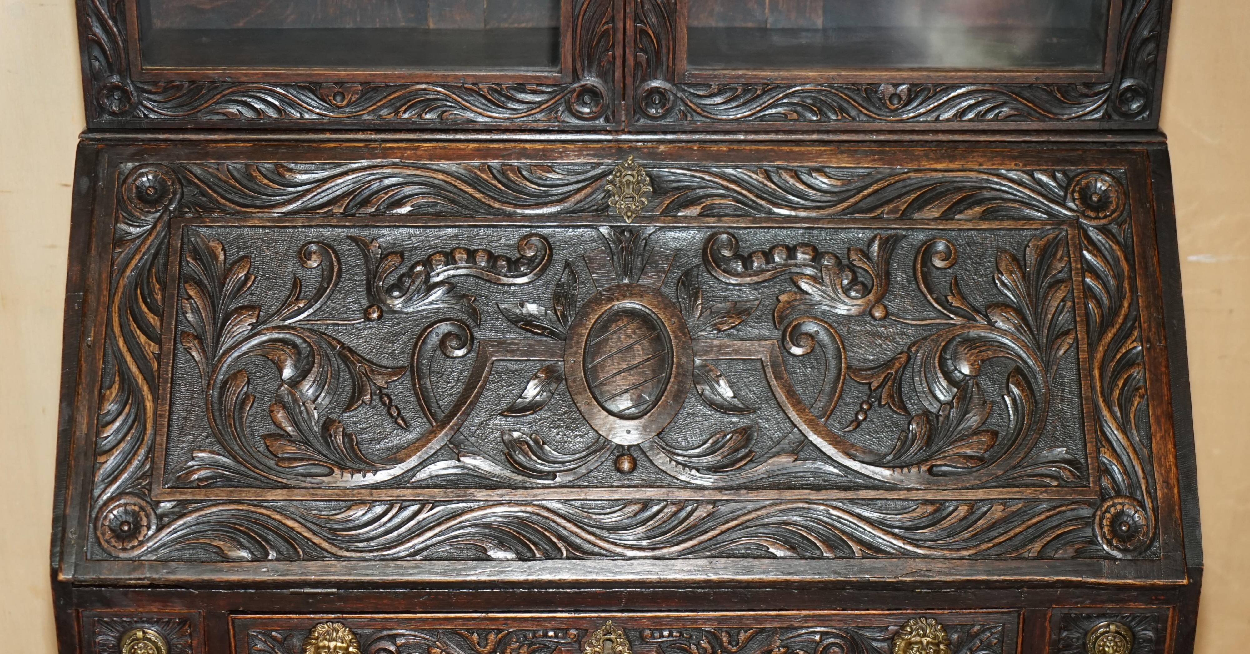 Library Desk in Carved Oak with Brass Handles