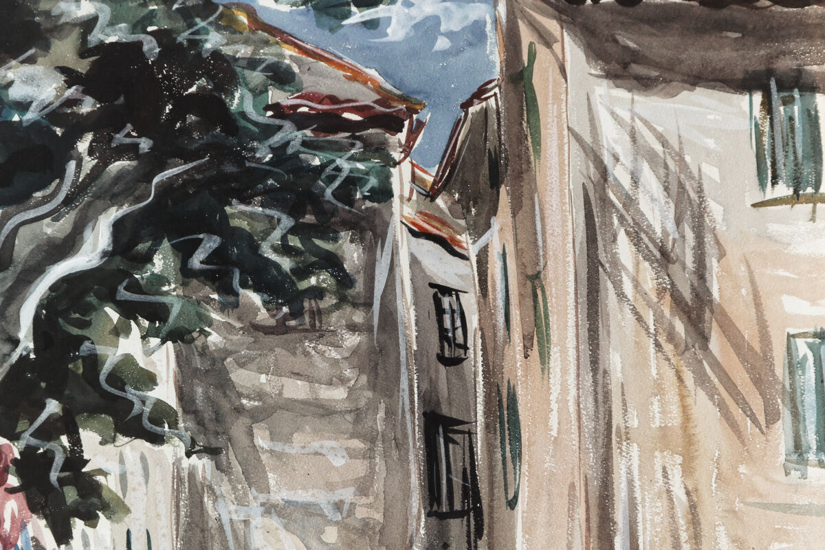 Watercolor Jacques Morel, market scene