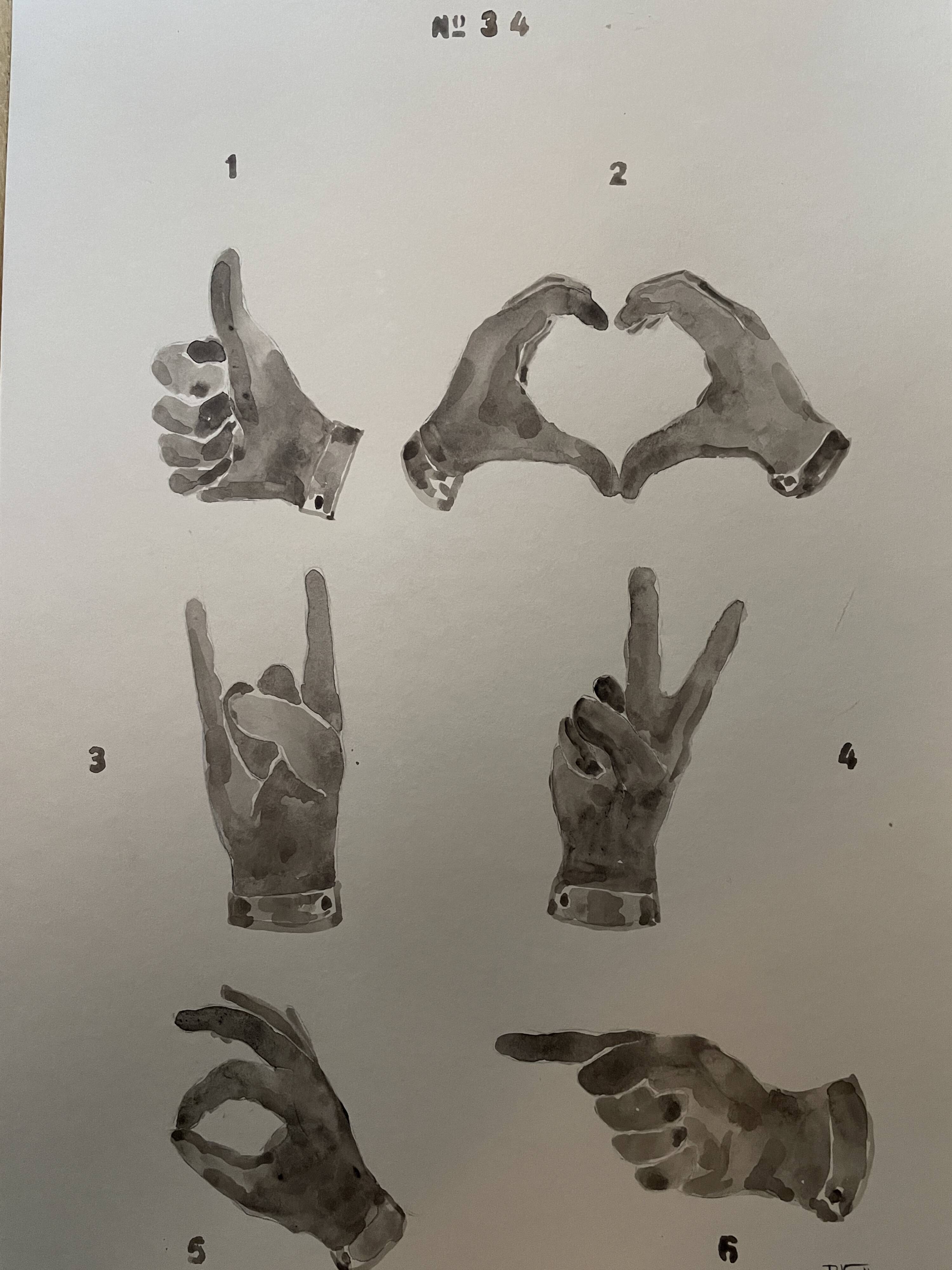 Signed painting monochrome watercolor sepia hand signs "gloves store poster"