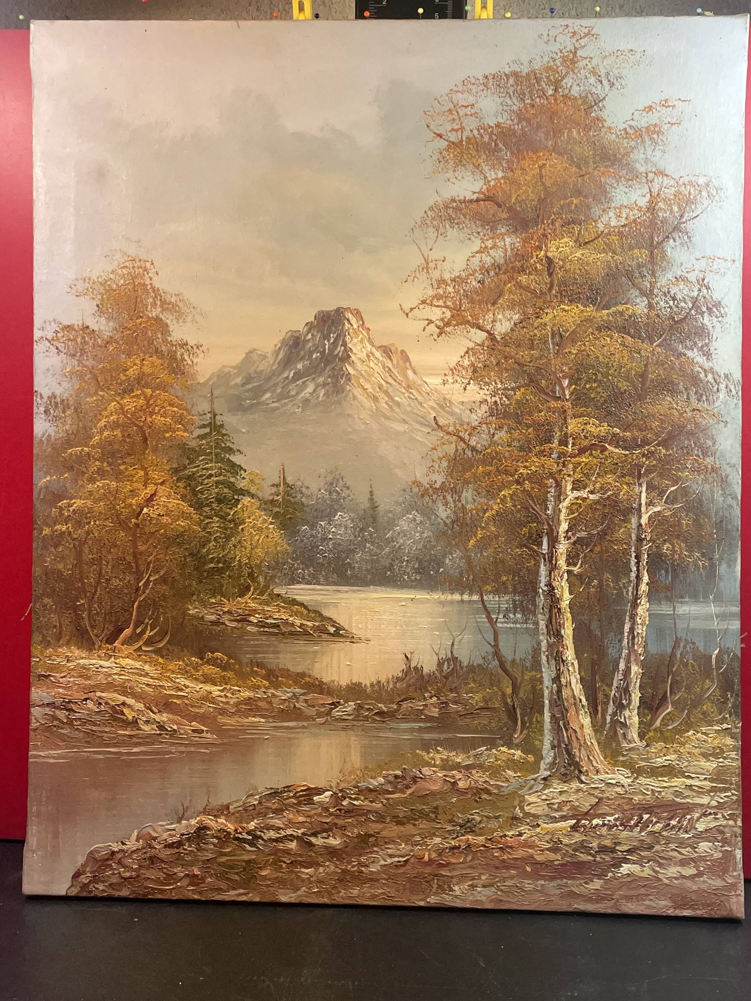 Oil on canvas, autumn lake landscape mountain lake