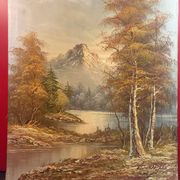 Oil on canvas, autumn lake landscape mountain lake