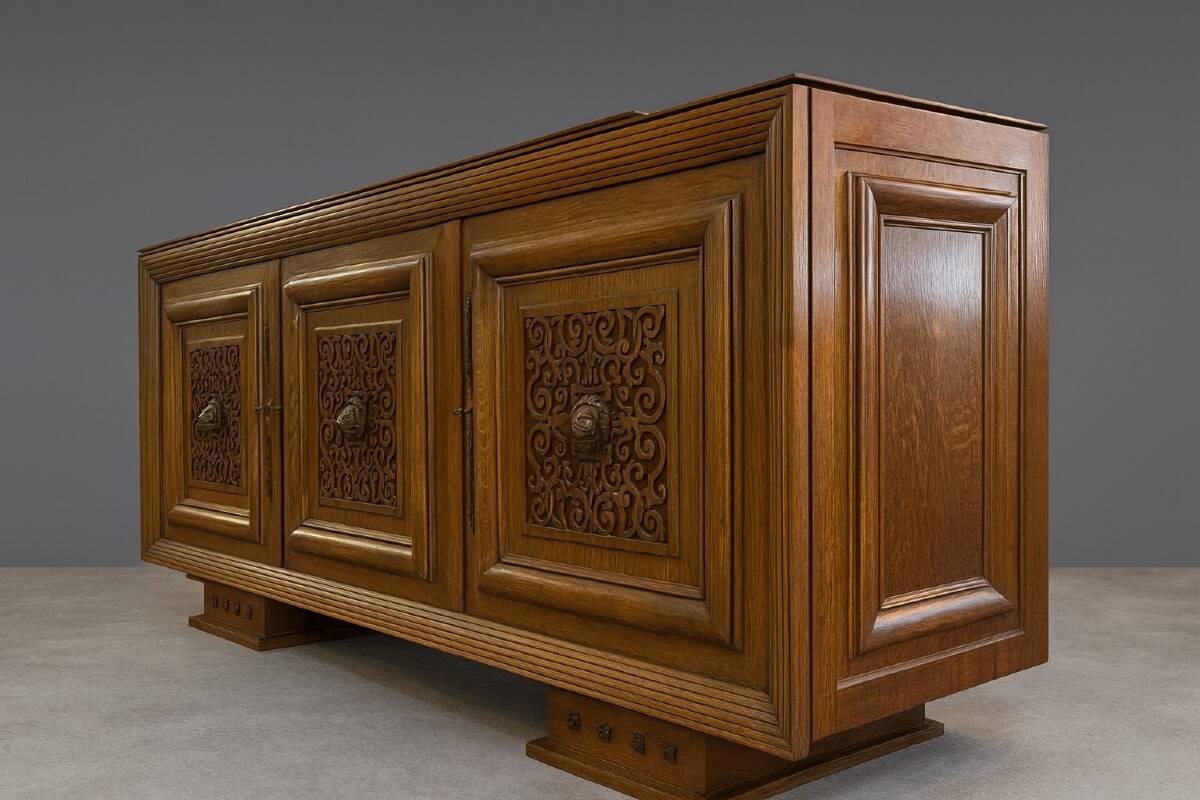 According to Charles Dudouyt: sideboard in a row from the Art Deco period in solid wood.