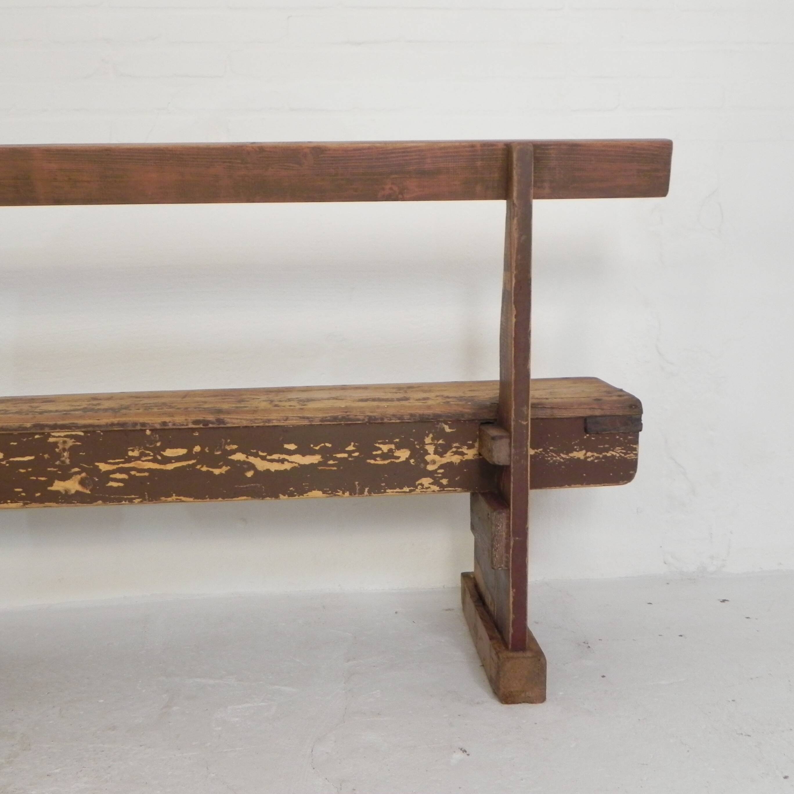 Pine bench with backrest, 2.5 metres long, 1950s.