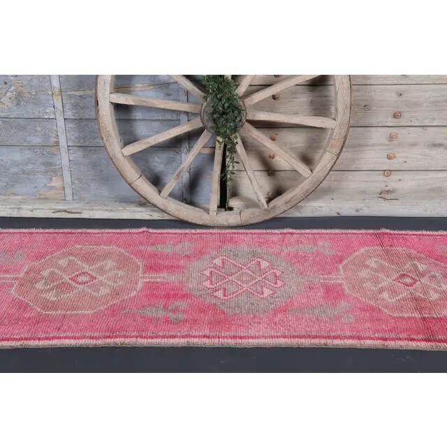 Vintage Turkish Oushak Handmade Wool Cotton Pink Runner Rug 86x306