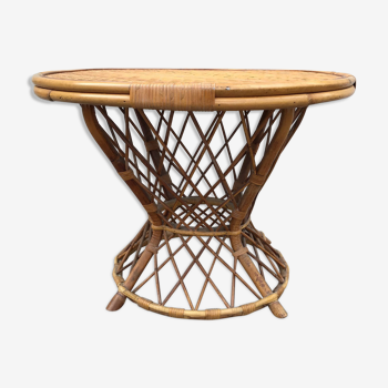 Table basse vintage mid-century en rotin et bambou années 50/60