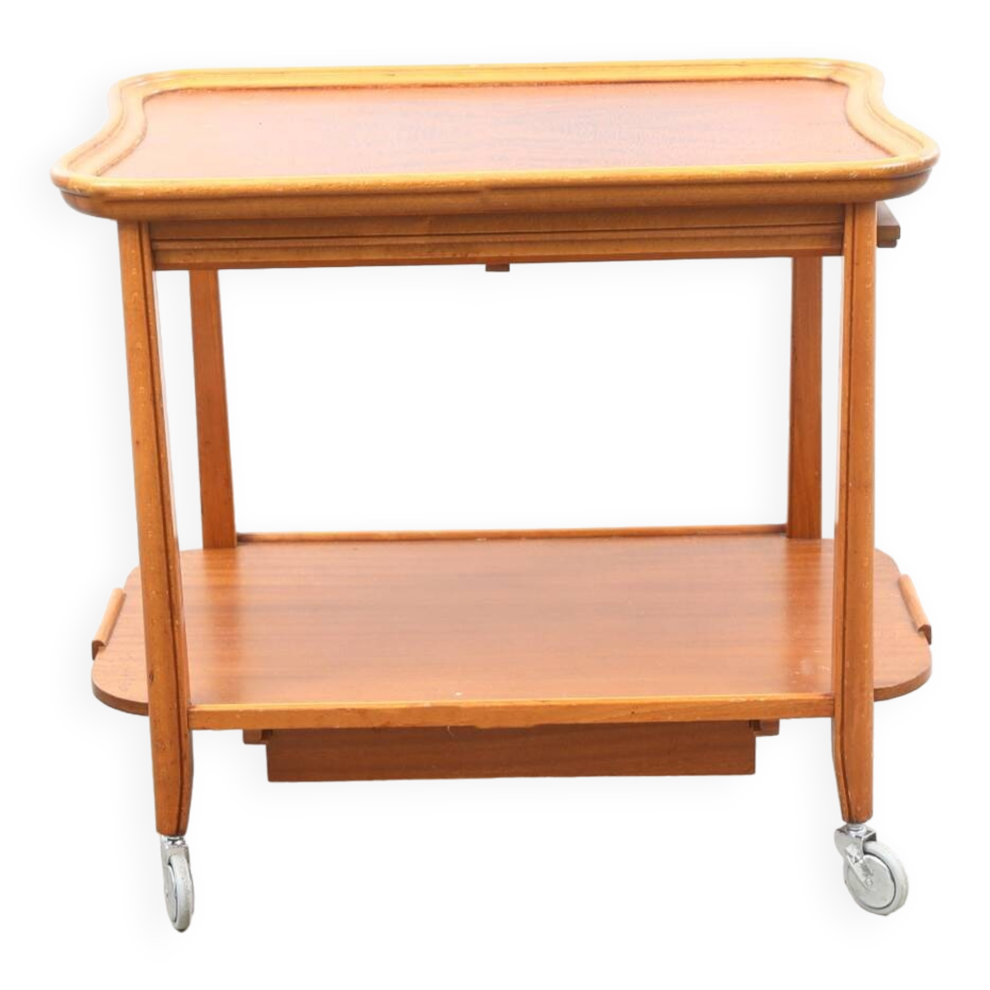 Vintage wooden and glass serving table with wheels, removable top, 1960s Sweden
