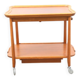 Vintage wooden and glass serving table with wheels, removable top, 1960s Sweden