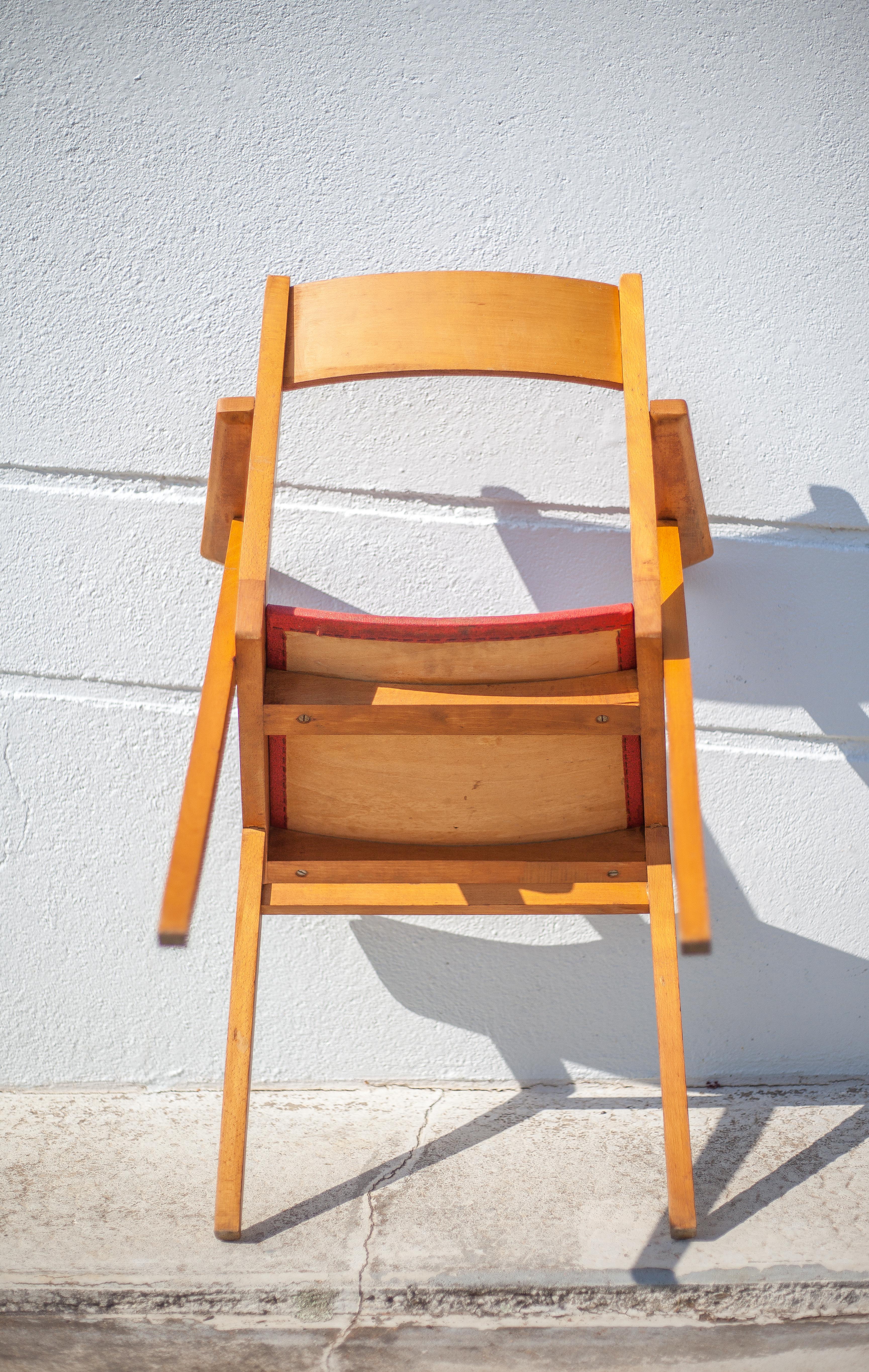 Pair of wooden and skai chairs from the 50s, vintage chairs, chair with armrests, retro