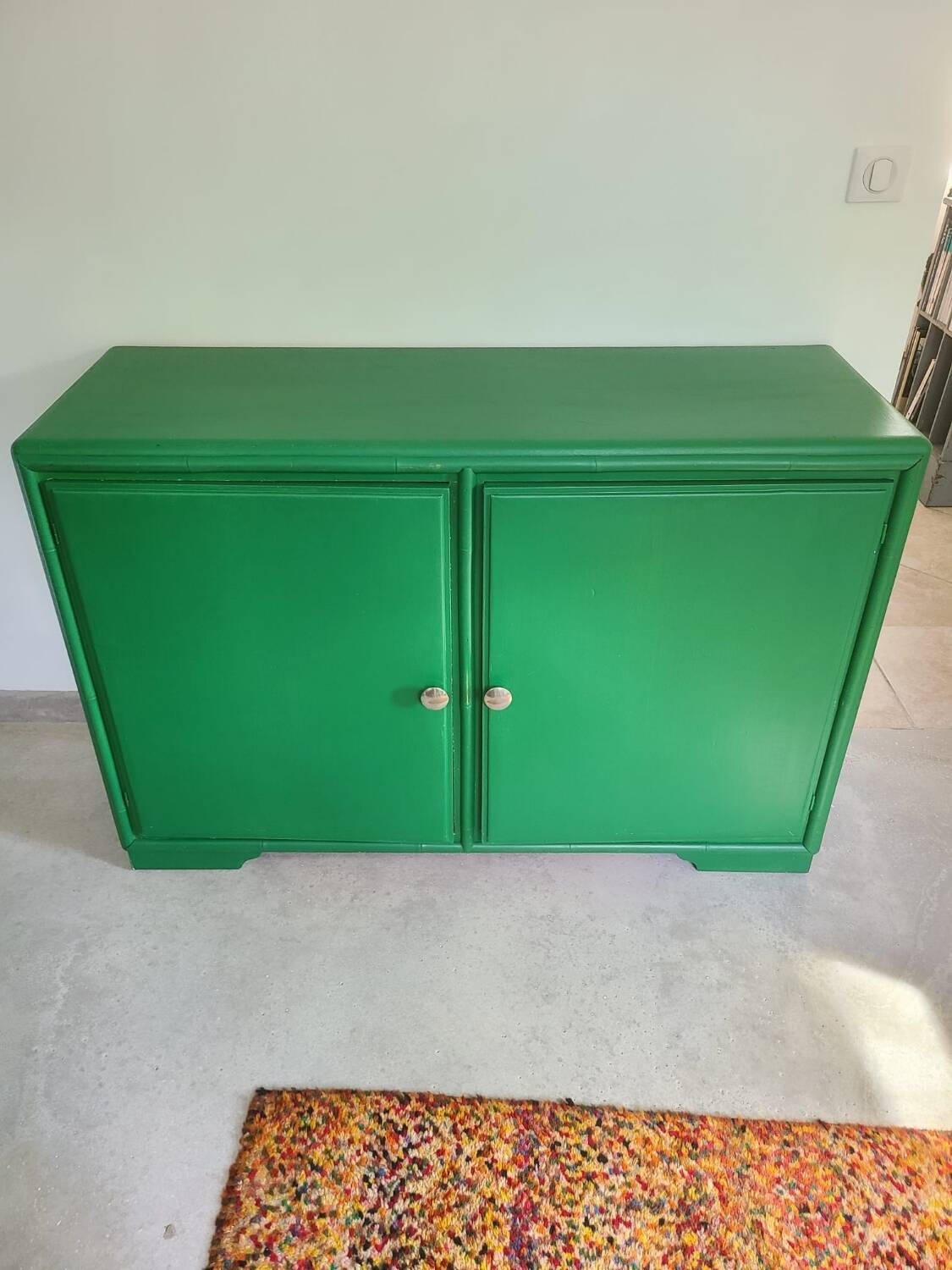 Old sideboard buffet Green wood and bamboo vintage storage unit
