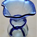 Biot vase in bluish transparent glass and blue scarf