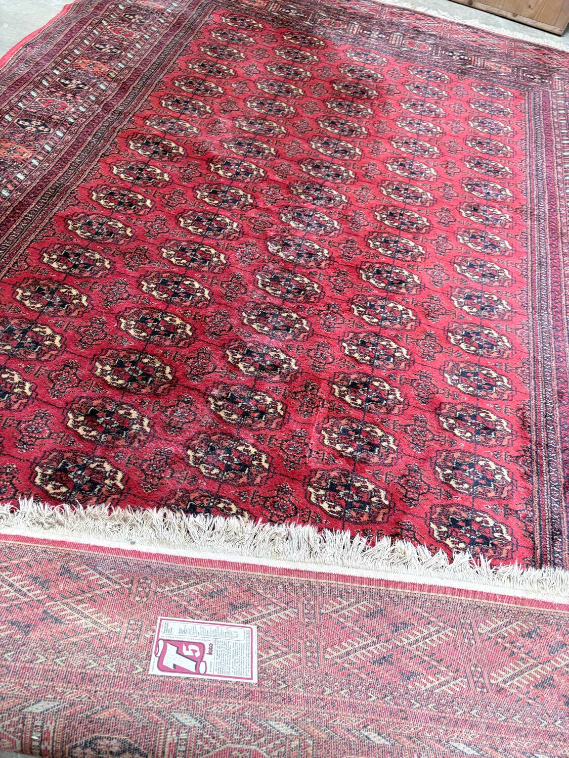 Large red Bokhara-style oriental carpet 300x200 cm with gul patterns.