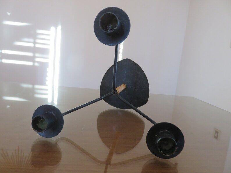 Scandinavian candle holder " LAURIDS LONBORG " metal and rattan 60s