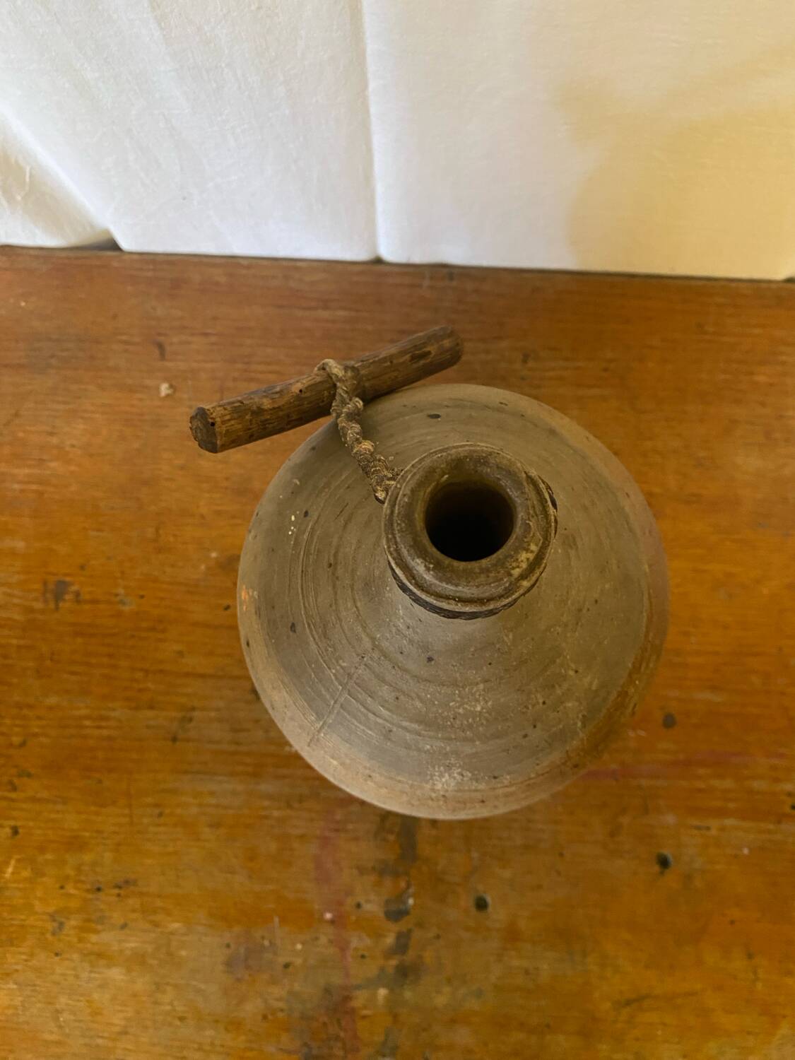 Antique Beige Stoneware Bottle + Wooden Stopper Large Volume Vintage