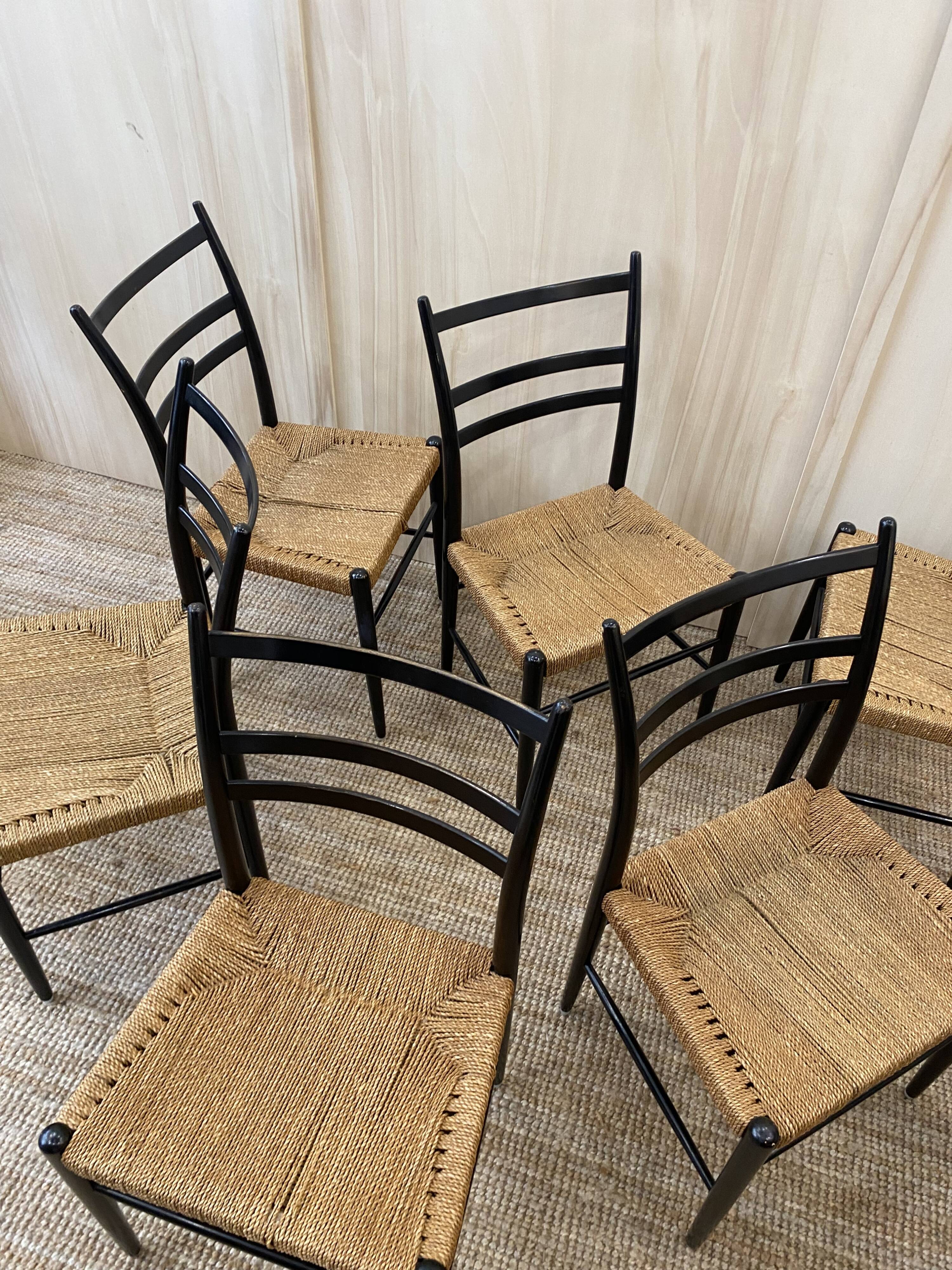 Série de 6 chaises en bois & cordes - italie 1960