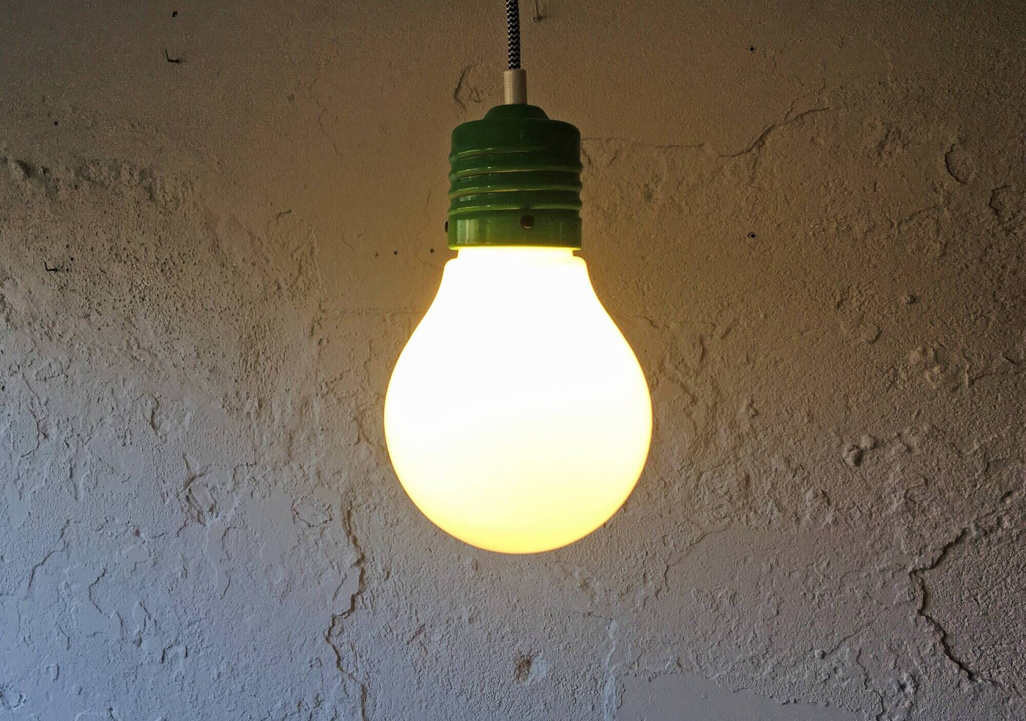 Opaline shade in a metal holder Pendant Lamp with fabric wire, Italy, 1960s