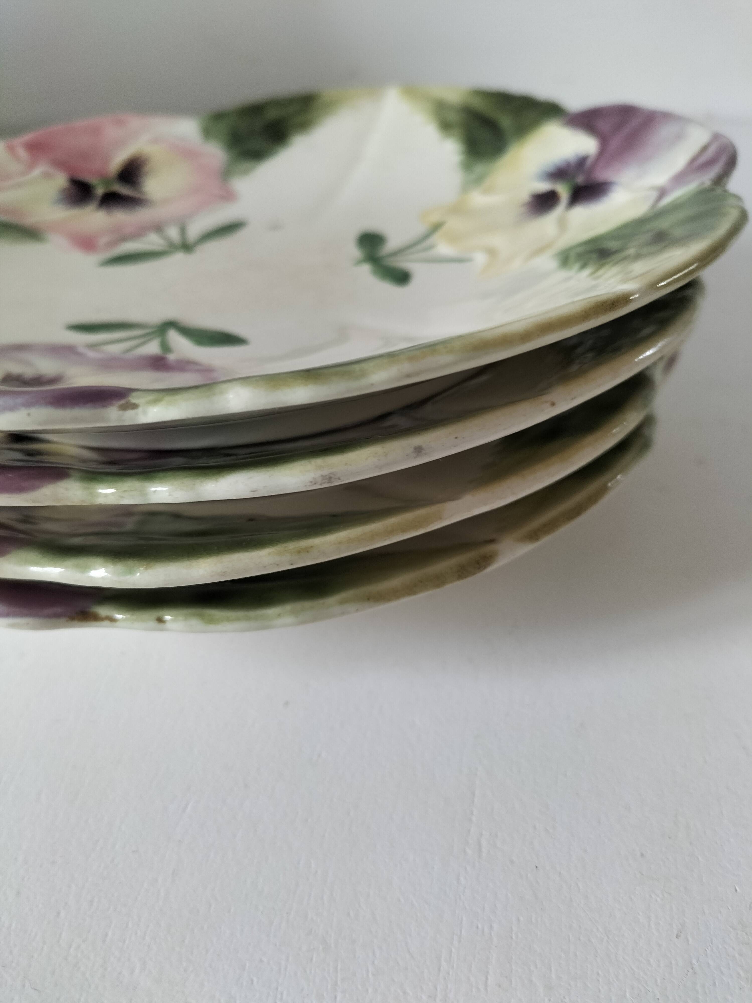 4 barbotine plates with pansies H. Boulenger Choisy-le-Roi