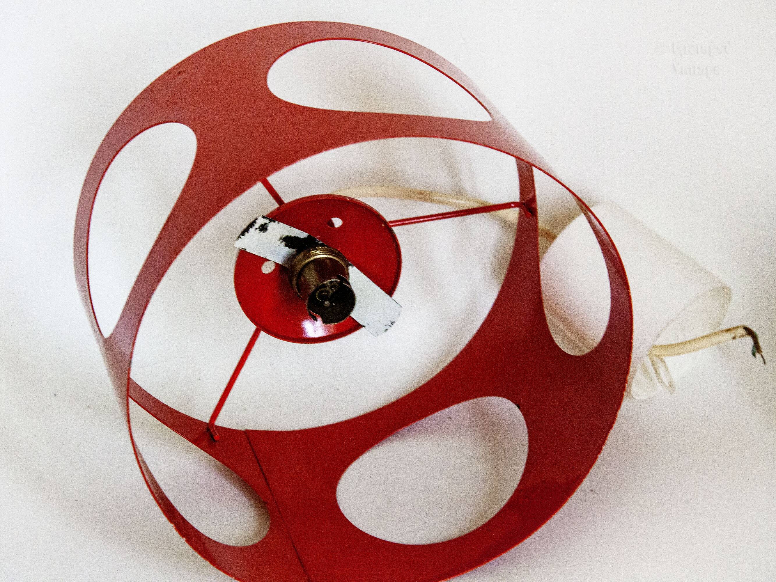 Vintage UFO ceiling light in red metal and white glass