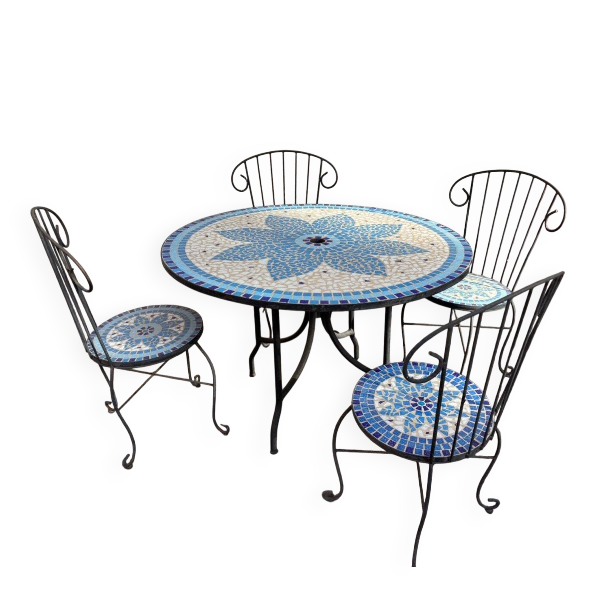 Mosaic garden furniture set in wrought iron, Mediterranean style, table and 4 chairs.