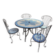 Mosaic garden furniture set in wrought iron, Mediterranean style, table and 4 chairs.