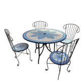 Mosaic garden furniture set in wrought iron, Mediterranean style, table and 4 chairs.