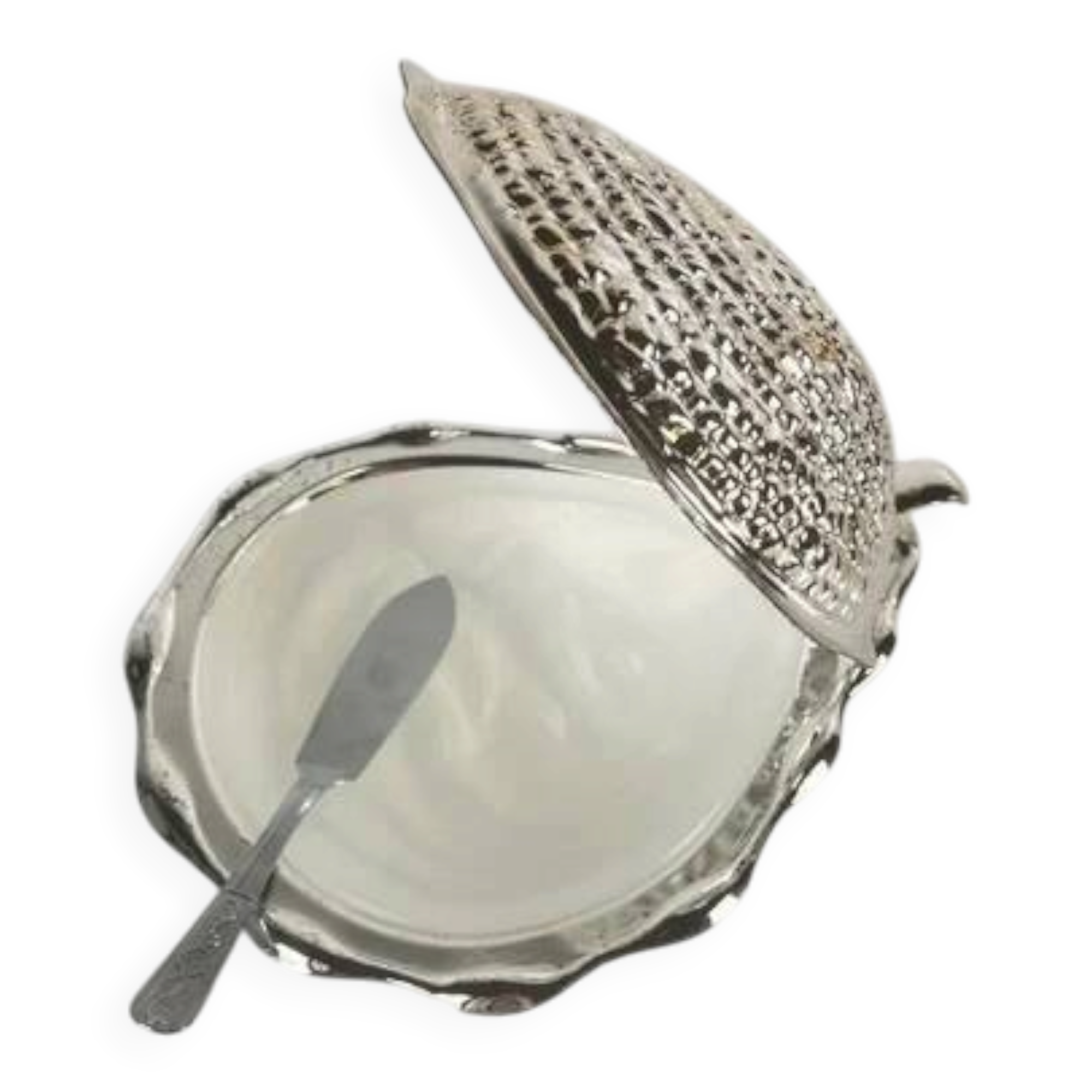 Vintage metal butter dish "Oyster" with glass insert, 1970.