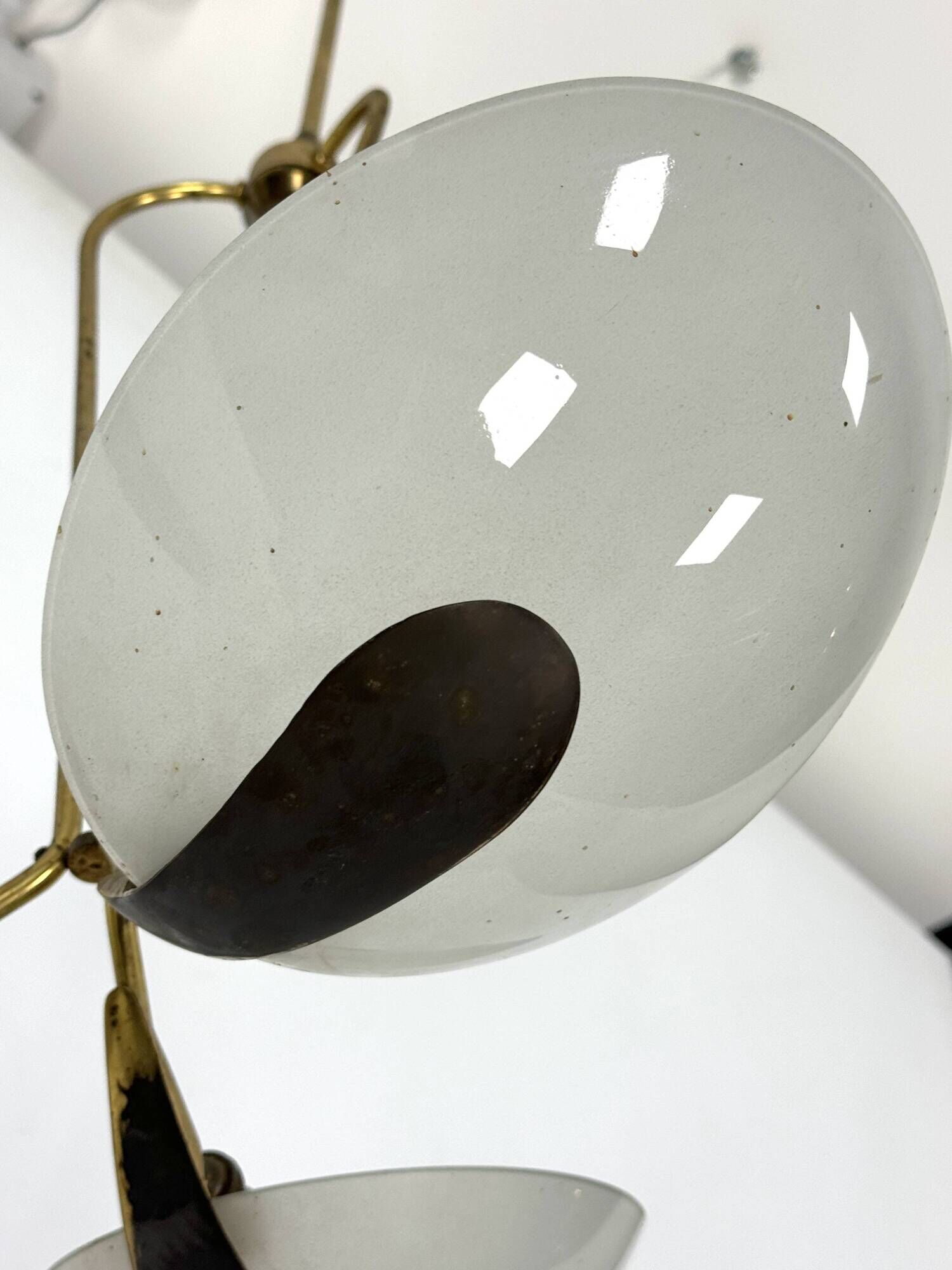 Vintage Italian brass and curved glass chandelier from 1950s
