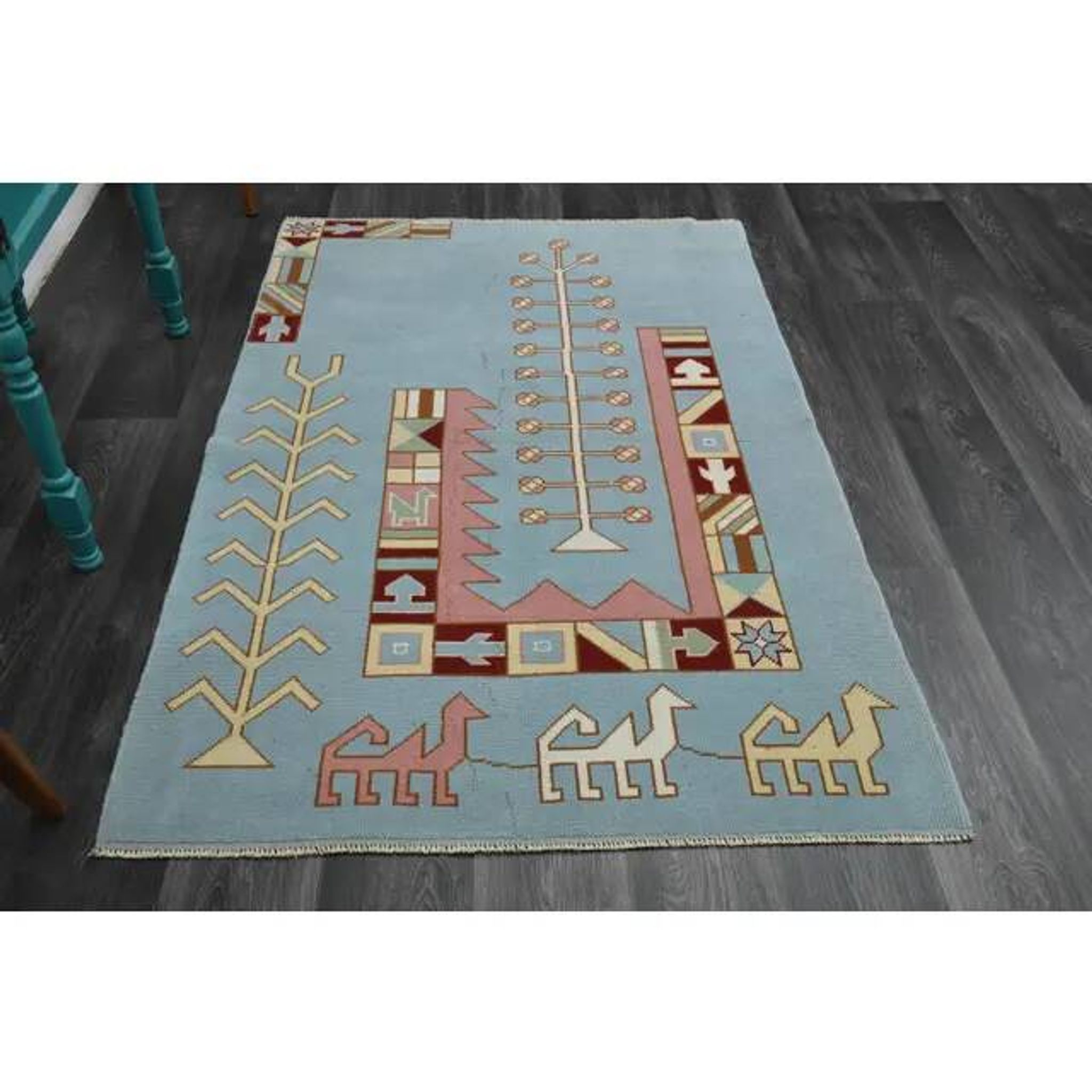 1970s Vintage Turkish Handmade Wool & Cotton Blue Area Rug 116x178