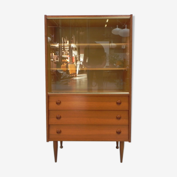 Vintage cabinet with 2 sliding glass doors and 3 drawers