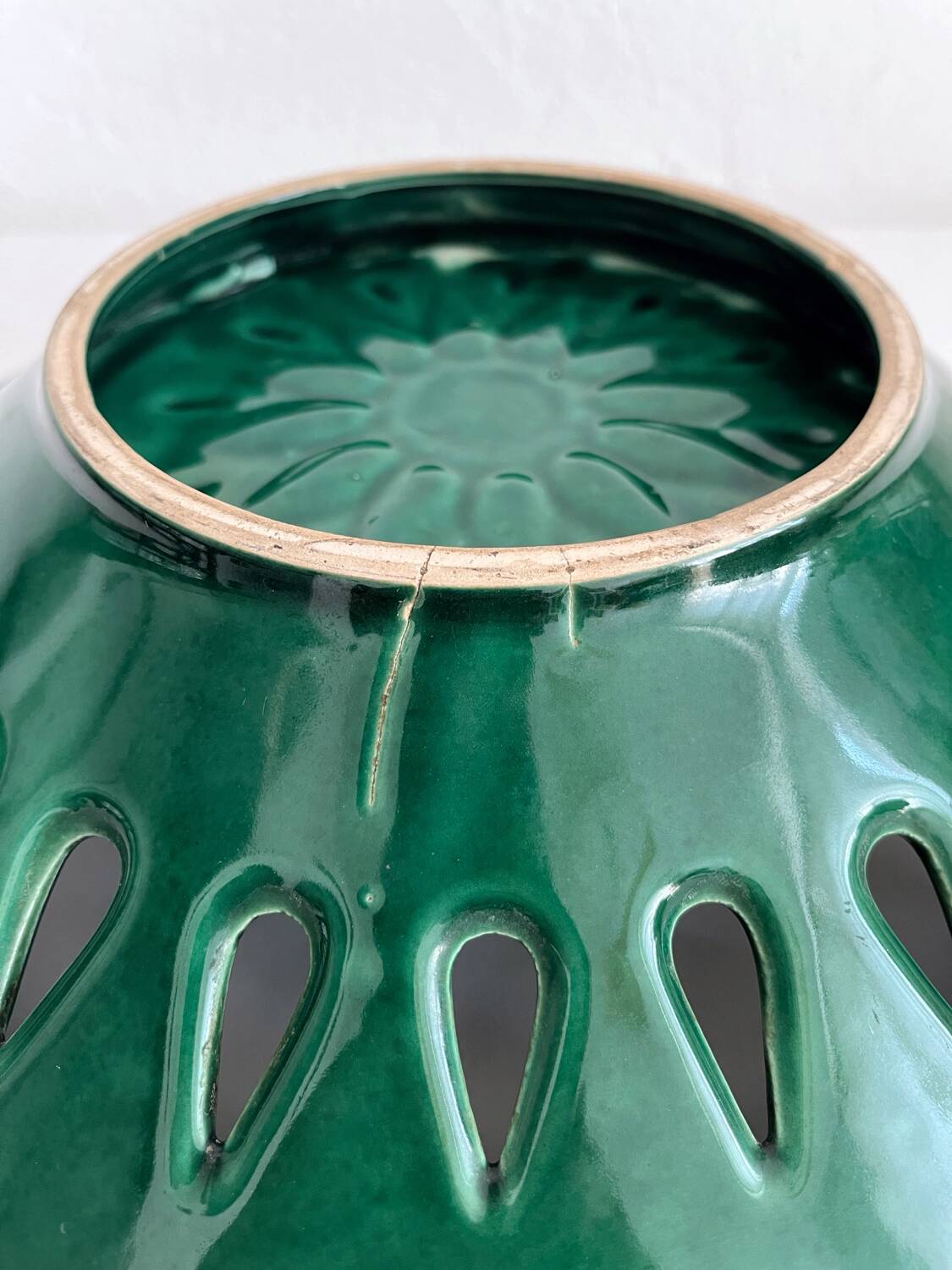 Vintage openwork green ceramic fruit bowl