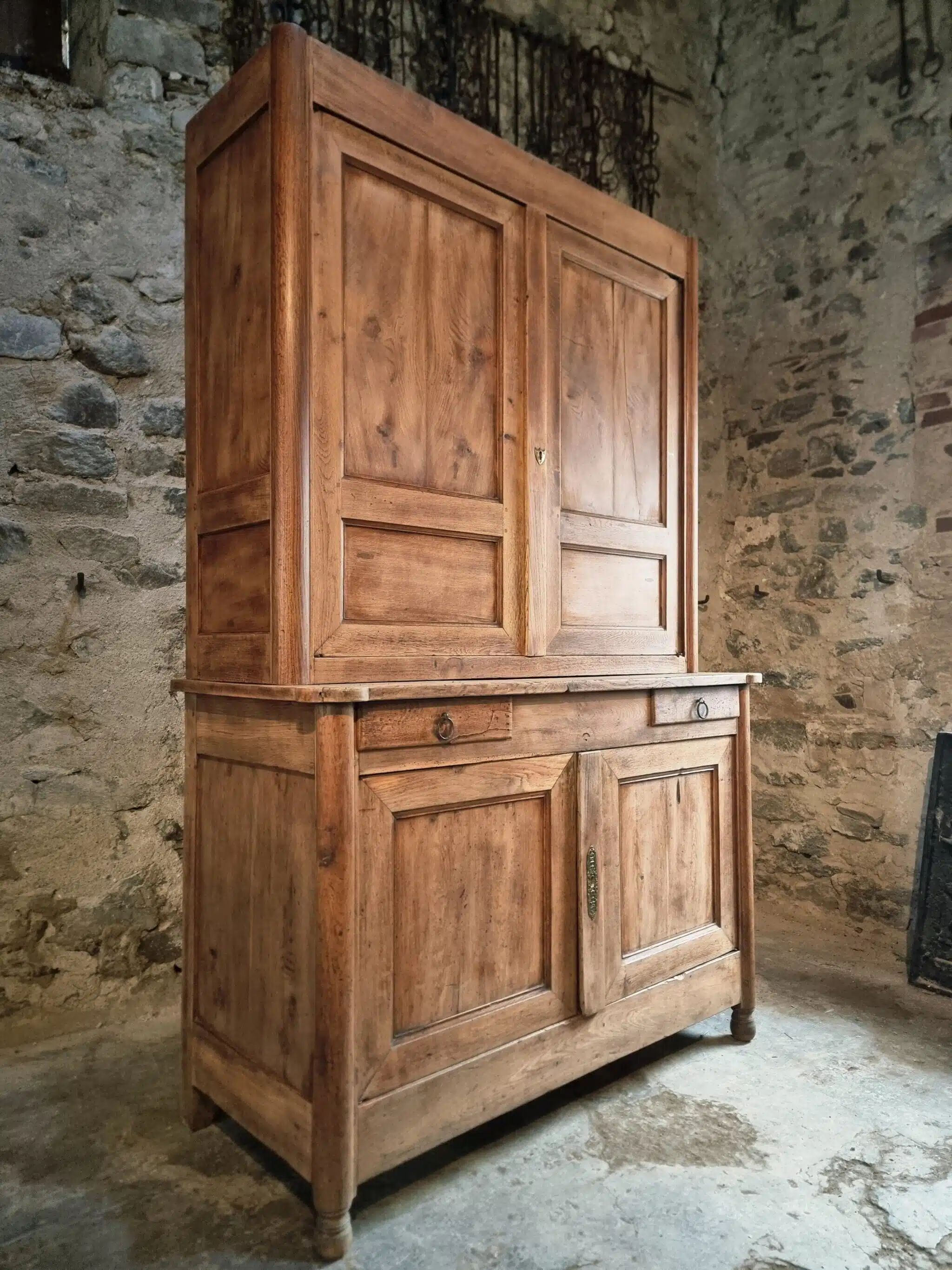 Antique French oak sideboard – Two-part display cabinet with drawers and four doors