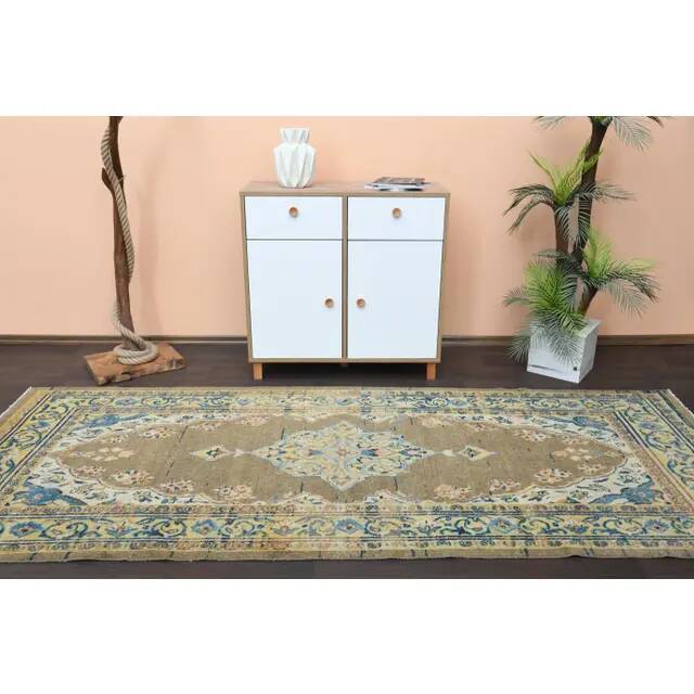 Vintage Turkish Oushak Handmade Wool Cotton Brown Runner Rug 127x310