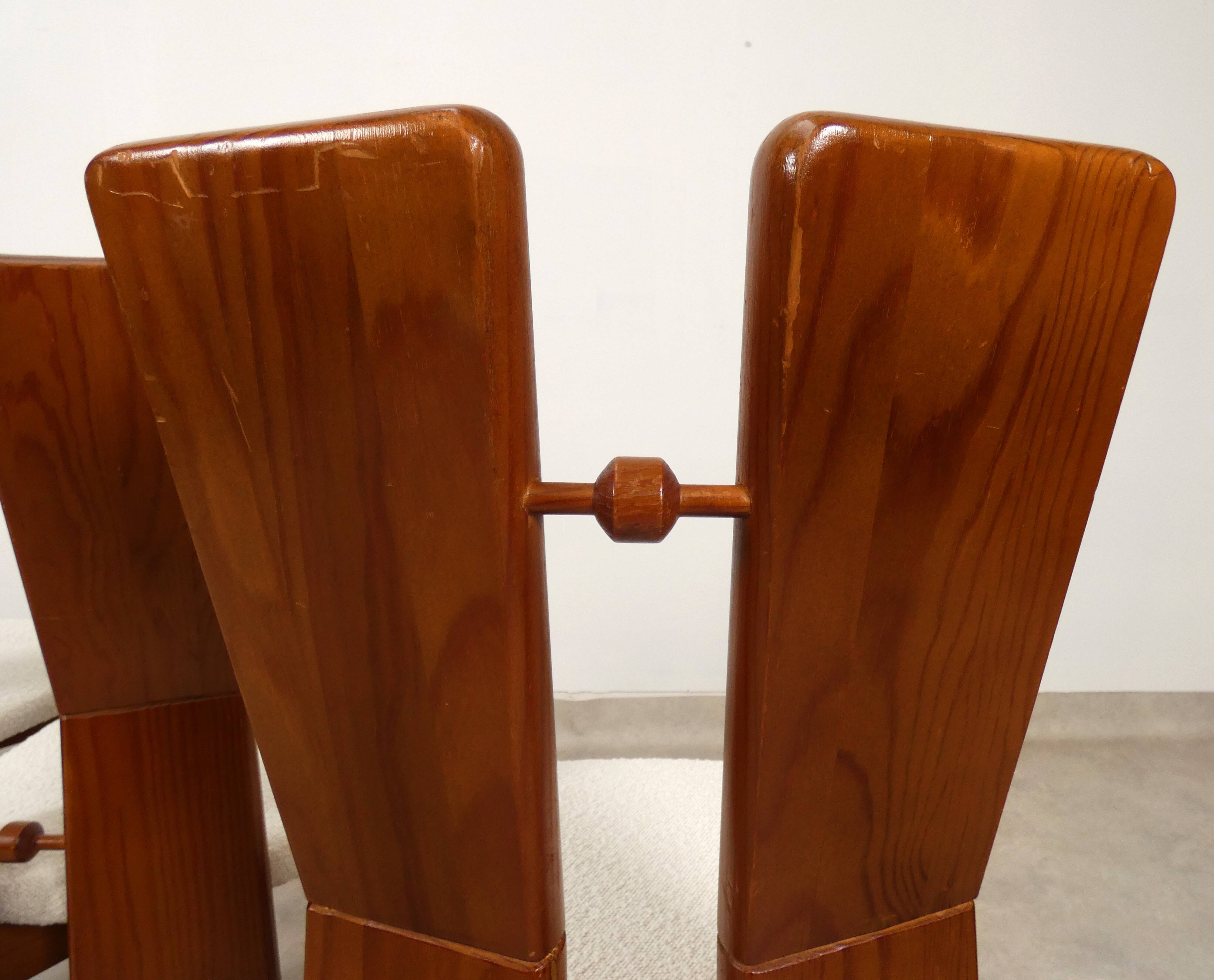 70's brutalist dining chairs in oak with bouclé fabric