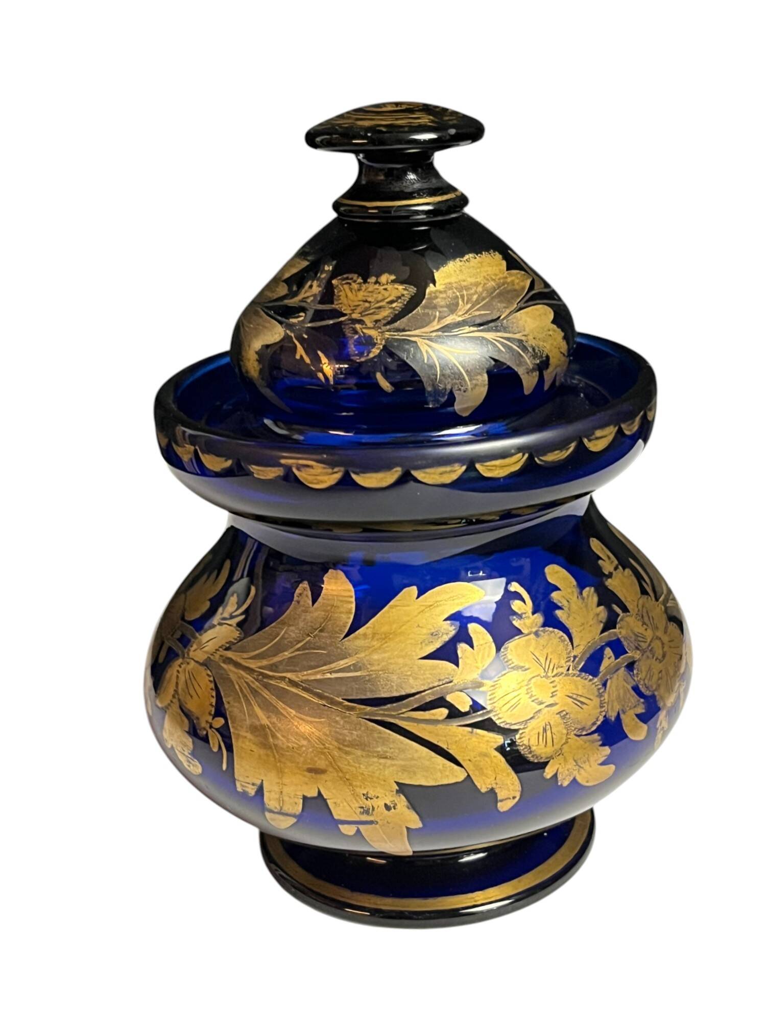 Antique covered pot or sugar bowl in blue and gold glass, early 20th century