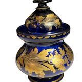 Antique covered pot or sugar bowl in blue and gold glass, early 20th century