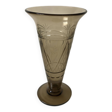 engraved smoked glass vase from the 60s