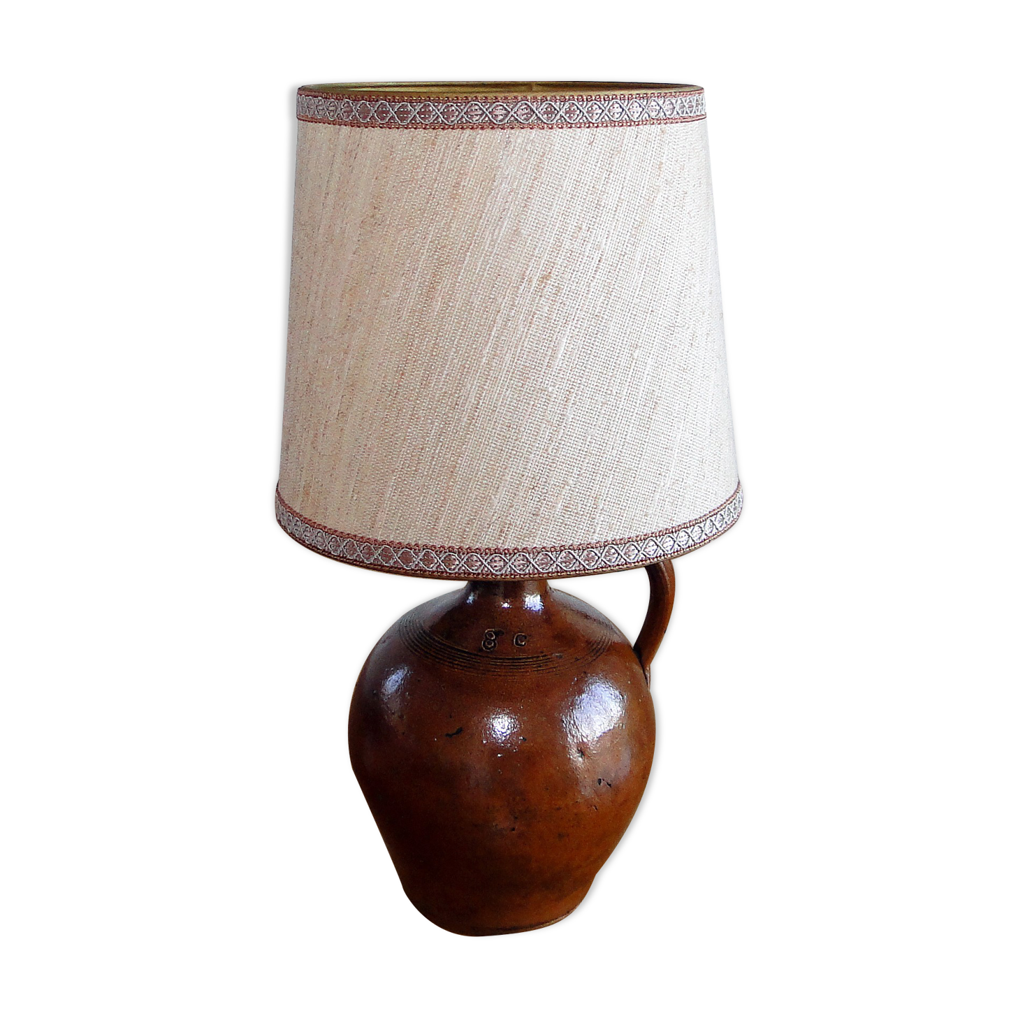 Vintage lamp 60s/70s foot glazed stoneware lampshade woven linen